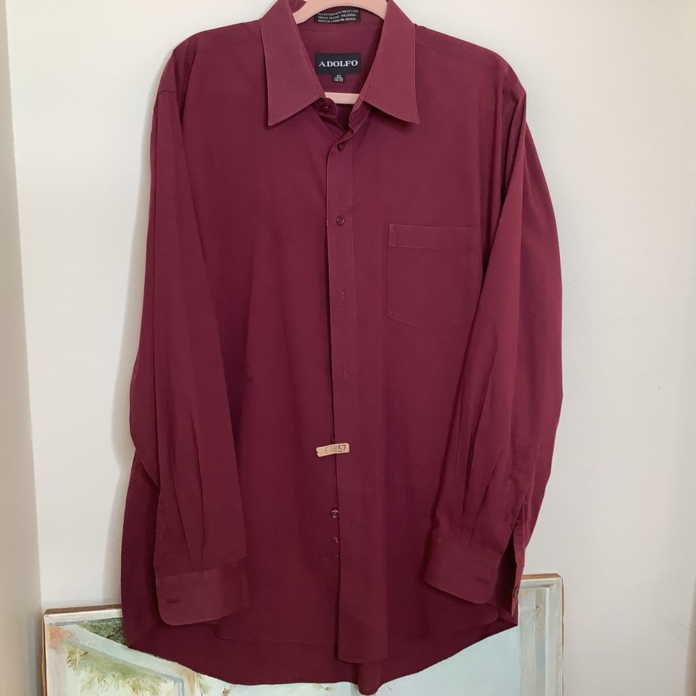 Adolfo 80% cotton button down shirt, 2 extra buttons, 17 1/2; 34/35,  burgundy